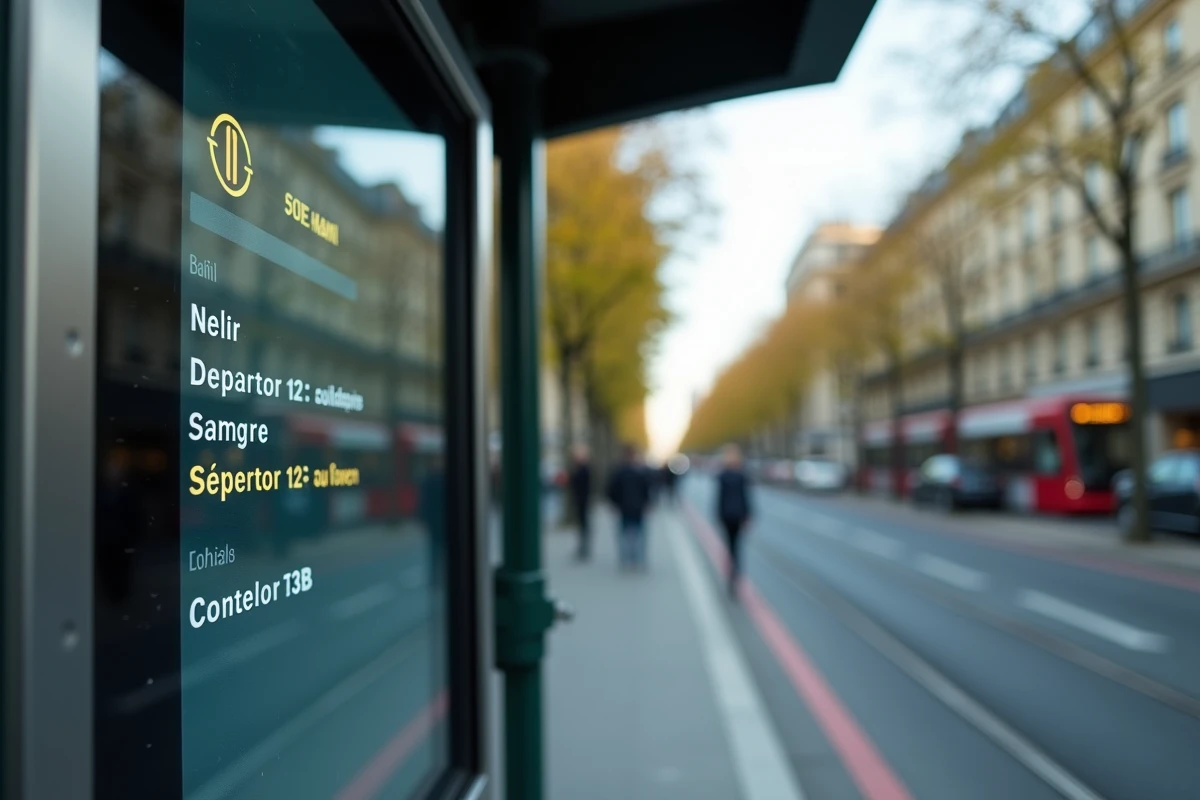 Panneau d'affichage des prochains passages du tramway T3B en temps réel à l'arrêt