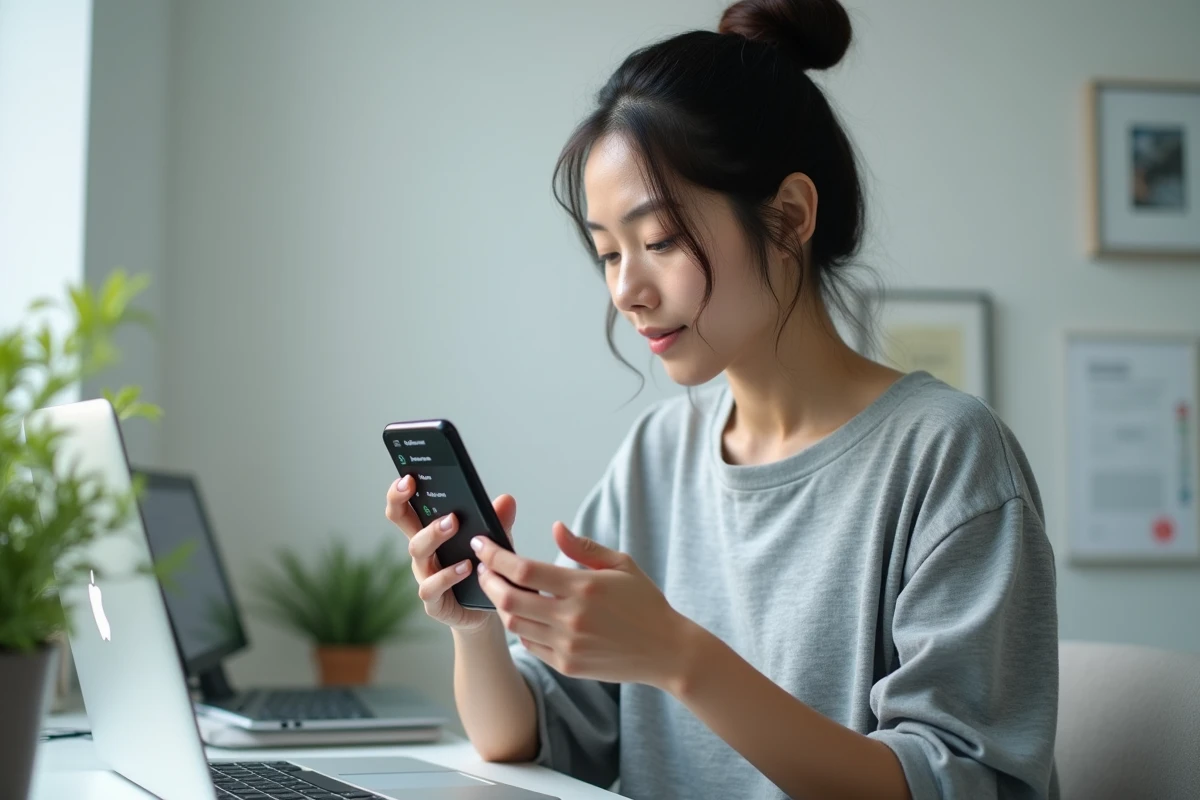 Femme paramétrant les options de lecture de manga sur une application smartphone