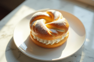 Gâteau ParisBrest crème sur une assiette blanche
