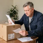 Un particulier examine une grande boîte de transport et compare des devis de transporteurs pour l'envoi d'un gros colis