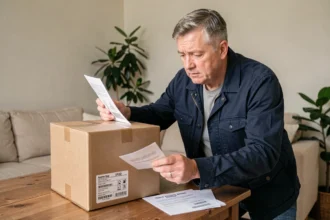 Un particulier examine une grande boîte de transport et compare des devis de transporteurs pour l'envoi d'un gros colis