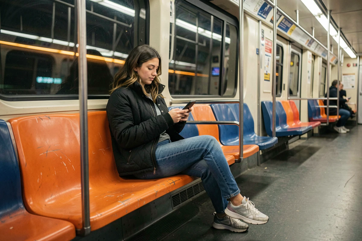 Jeune femme dans une rame de RER en fin de soirée regardant son téléphone