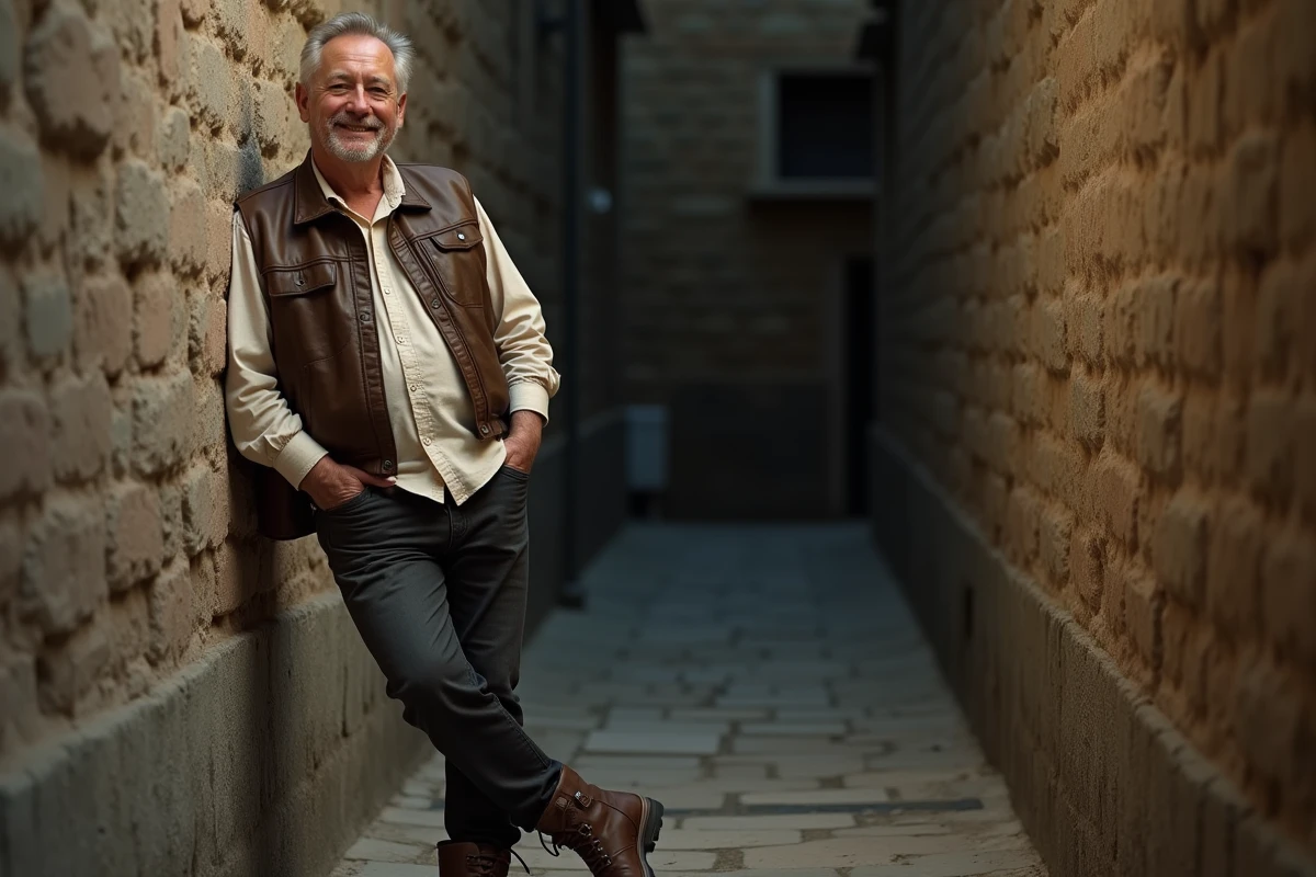 Homme charismatique évoquant Han Solo de Star Wars dans une ruelle urbaine aux textures rustiques