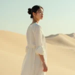 Femme ressemblant à la Princesse Leia de Star Wars avec des chignons iconiques dans un paysage désertique