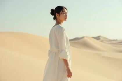 Femme ressemblant à la Princesse Leia de Star Wars avec des chignons iconiques dans un paysage désertique