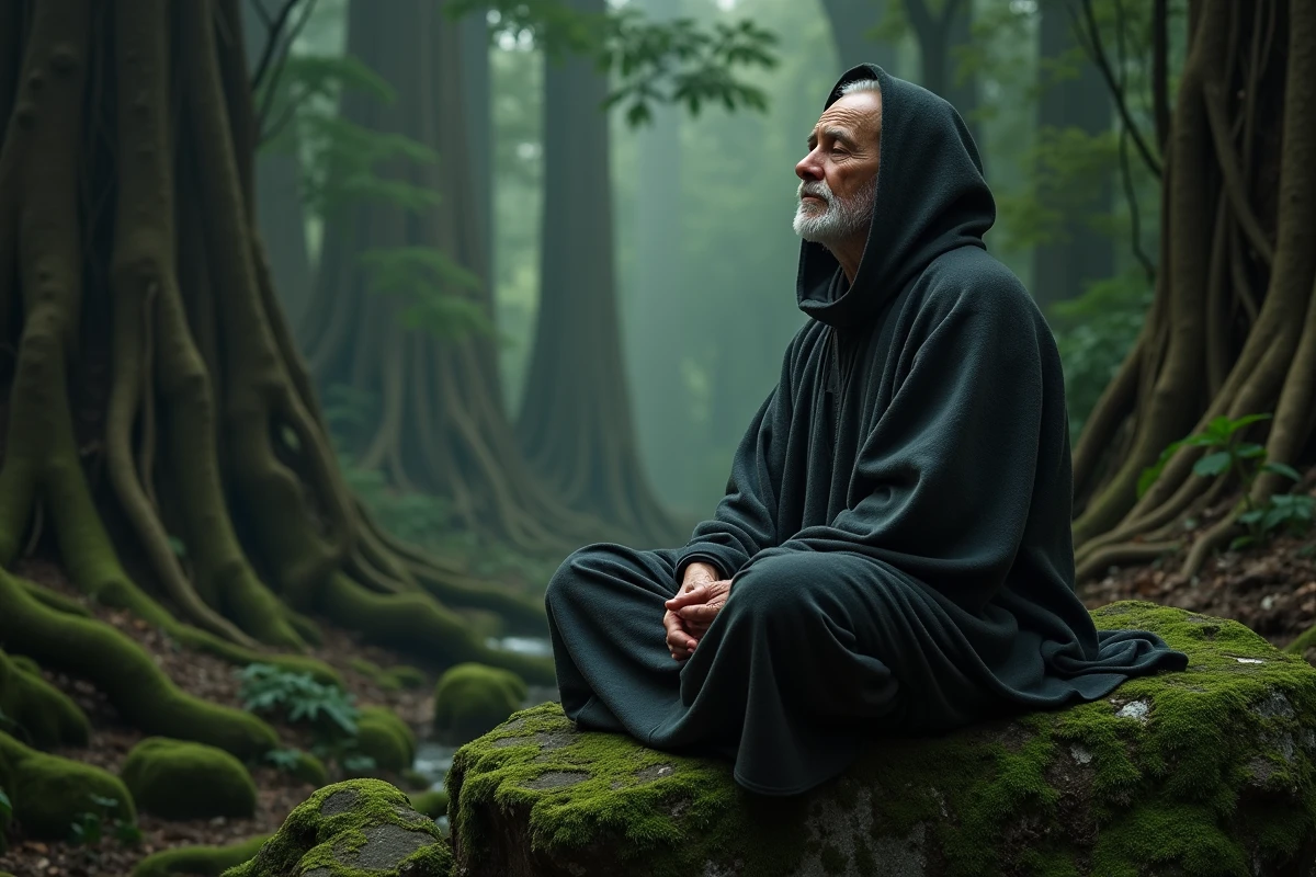 Vieil homme sage méditant en forêt évoquant Yoda ou Obi-Wan Kenobi de Star Wars