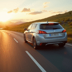 Peugeot 308 hybride sur route de campagne au coucher du soleil