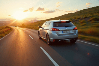 Peugeot 308 hybride sur route de campagne au coucher du soleil