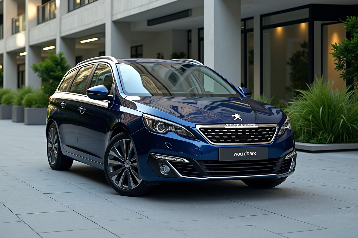 Peugeot 308 hybride garée en ville avec bâtiments modernes