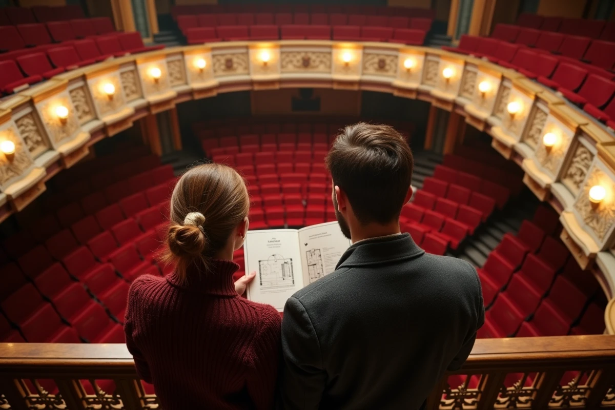 Couple au balcon du Grand Rex consultant le plan de la salle pour comprendre les différents niveaux