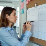 Femme annotant un planning d'équipe mural avec semaines paires et impaires dans un bureau moderne