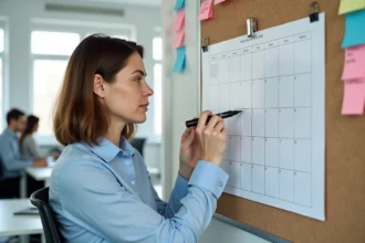 Femme annotant un planning d'équipe mural avec semaines paires et impaires dans un bureau moderne