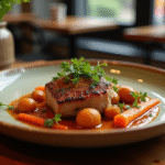Plat de joue de porc mijotée dans une sauce à la bière sur une assiette rustique