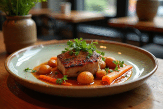 Plat de joue de porc mijotée dans une sauce à la bière sur une assiette rustique