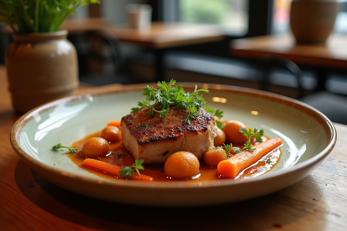 Plat de joue de porc mijotée dans une sauce à la bière sur une assiette rustique