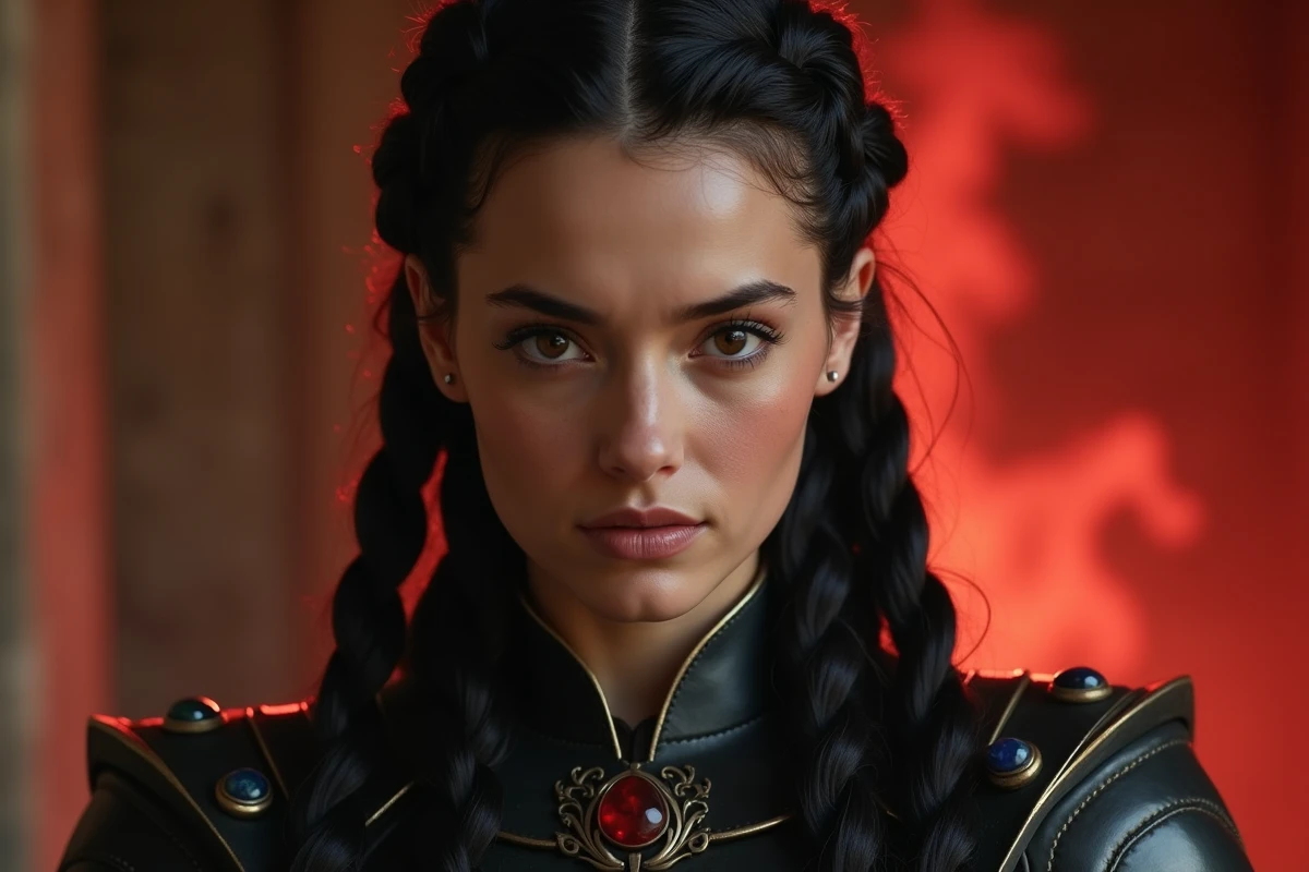 Portrait rapproché d'une héroïne de fantasy avec une armure noire gravée de flammes et une expression de puissance sereine