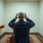 Voyageur musulman accomplissant la prière dans une salle de prière calme près de la frontière franco-suisse à Annemasse