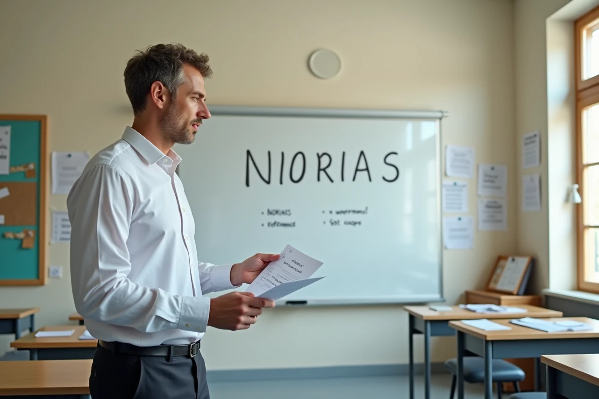 Professeur expliquant la définition NORIAS au tableau dans une salle de classe de lycée français