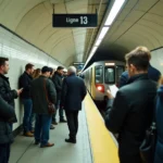 Quai bondé de la ligne 13 du métro parisien avec des voyageurs attendant une rame en station