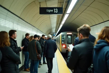 Quai bondé de la ligne 13 du métro parisien avec des voyageurs attendant une rame en station