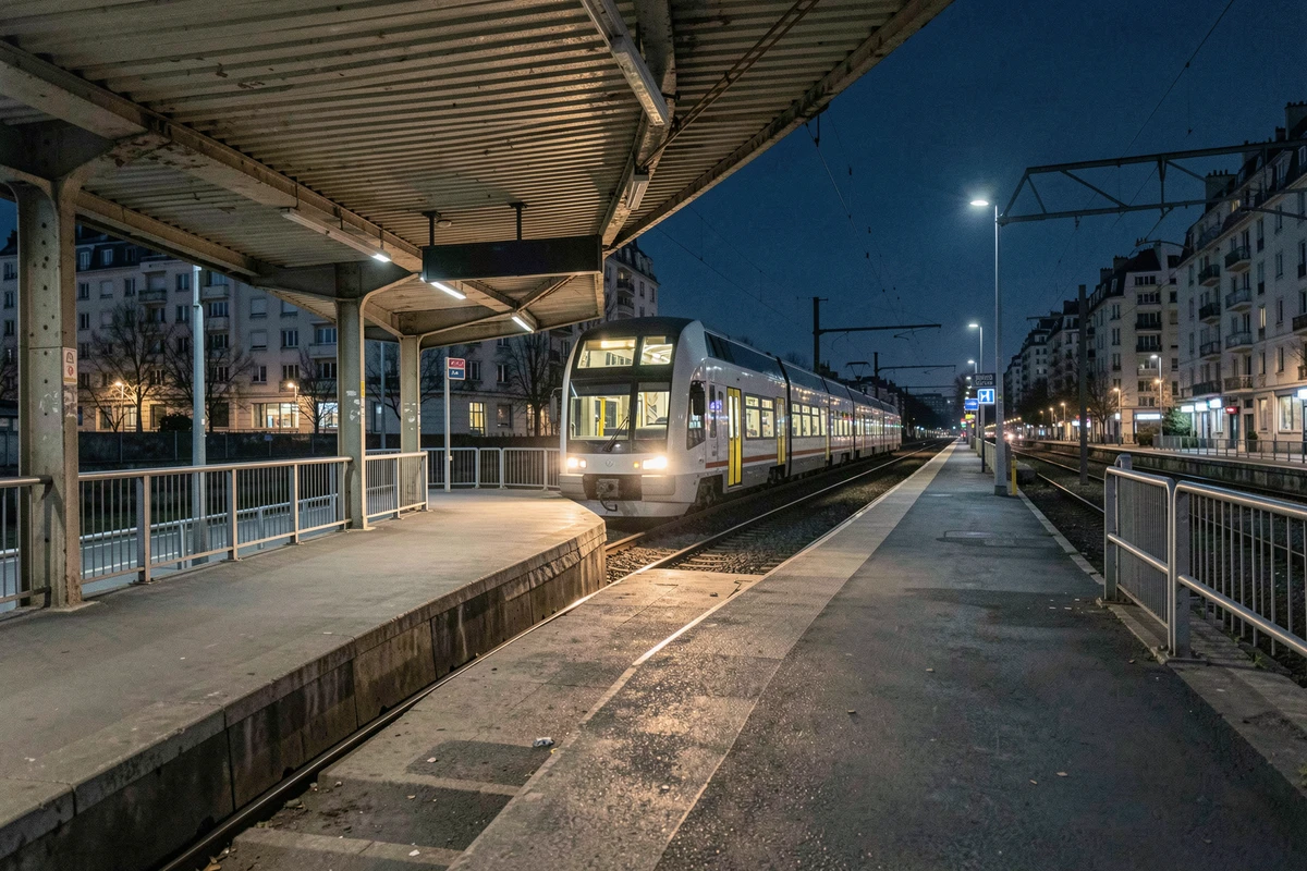 Quai de gare RER en banlieue parisienne la nuit avec rame à l'arrêt
