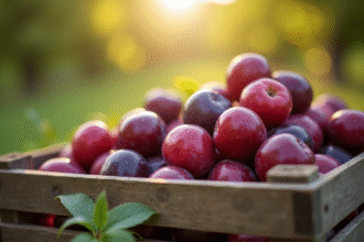 Prunes de Quetsche fraîchement récoltées dans une caisse en bois