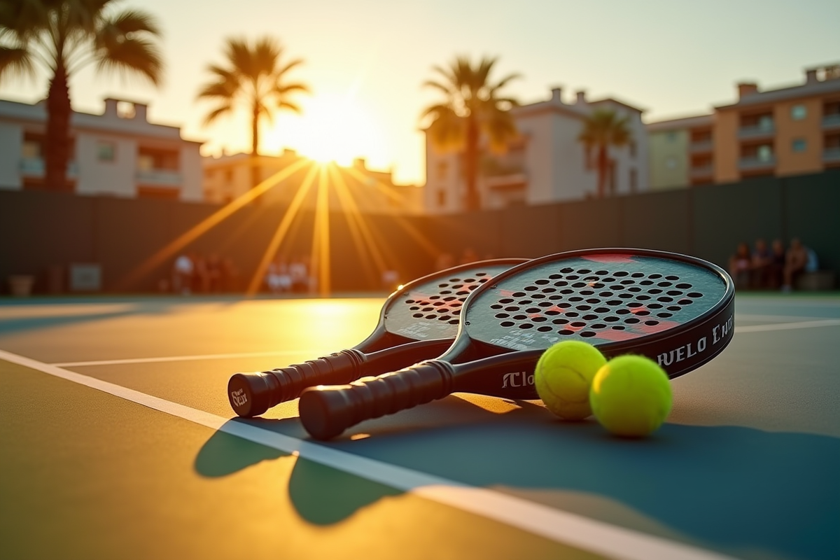 Raquettes de padel avec balles jaunes et bouteille d