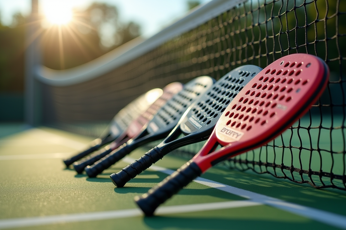 Zoom sur des raquettes de padel haut de gamme sur court professionnel