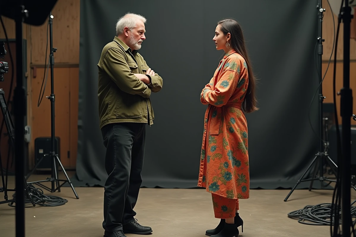 Réalisateur et artiste musicale en discussion sur un plateau de tournage de clip vidéo, ambiance professionnelle coulisses