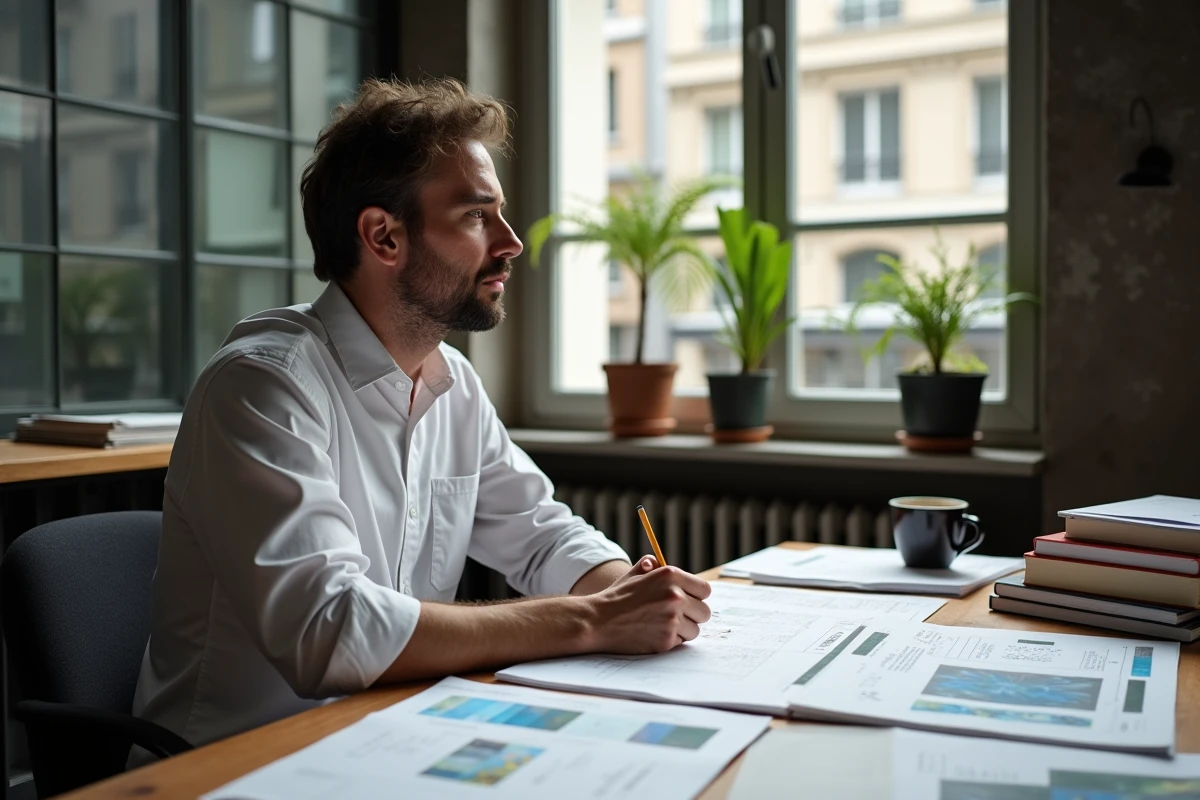Réalisateur créatif pensif dans son bureau parisien entouré de storyboards et documents de production pour un clip musical