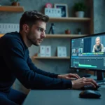 Réalisateur masculin concentré dans une salle de montage professionnelle, analysant des images sur écran, ambiance coulisses cinéma