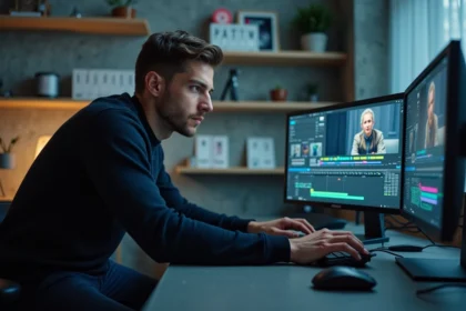 Réalisateur masculin concentré dans une salle de montage professionnelle, analysant des images sur écran, ambiance coulisses cinéma