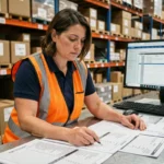 Responsable logistique consultant des tableaux de conversion kg en tonnes dans un bureau d'entrepôt