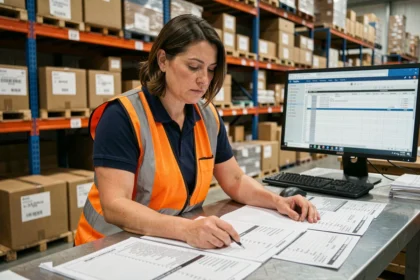 Responsable logistique consultant des tableaux de conversion kg en tonnes dans un bureau d'entrepôt