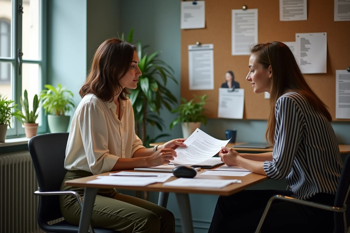 Productrice et jeune humoriste en réunion dans un bureau de production parisien moderne entouré de scripts et affiches