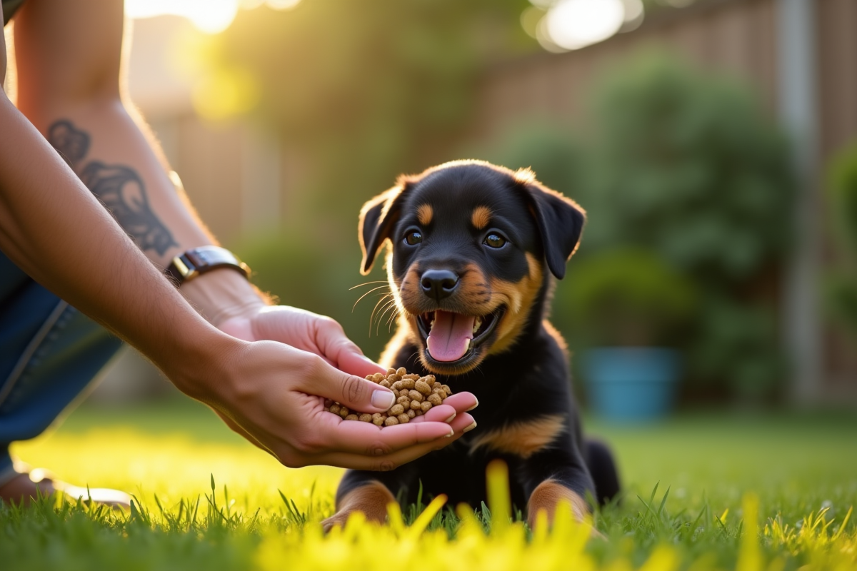 Chiot rottweiler nourri dans un jardin en plein matin