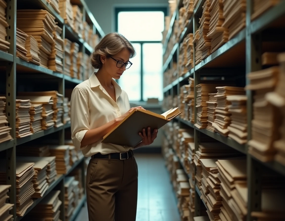 Femme consultant des archives de l'industrie de la mode dans une pièce remplie de classeurs et de documents anciens, évoquant le travail d'investigation lié à l'histoire de Ruth Finley