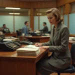 Femme journaliste dans une salle de rédaction américaine des années 1950, assise à un bureau encombré de papiers et d'une machine à écrire, illustrant l'univers professionnel de Ruth Finley