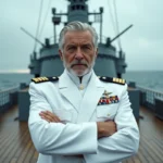 Portrait d'un amiral puissant en manteau blanc sur le pont d'un navire de guerre, illustrant la comparaison entre les personnages Saint Garling Figarland, Imu et Akainu