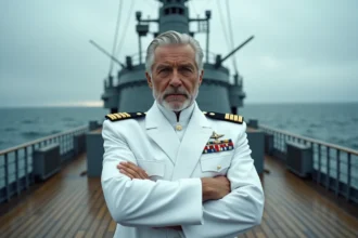 Portrait d'un amiral puissant en manteau blanc sur le pont d'un navire de guerre, illustrant la comparaison entre les personnages Saint Garling Figarland, Imu et Akainu