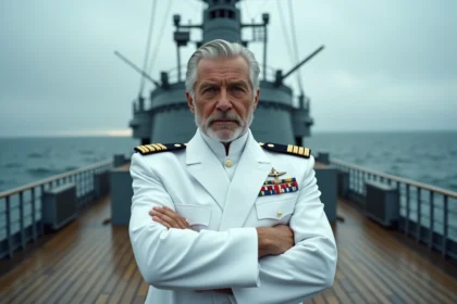 Portrait d'un amiral puissant en manteau blanc sur le pont d'un navire de guerre, illustrant la comparaison entre les personnages Saint Garling Figarland, Imu et Akainu