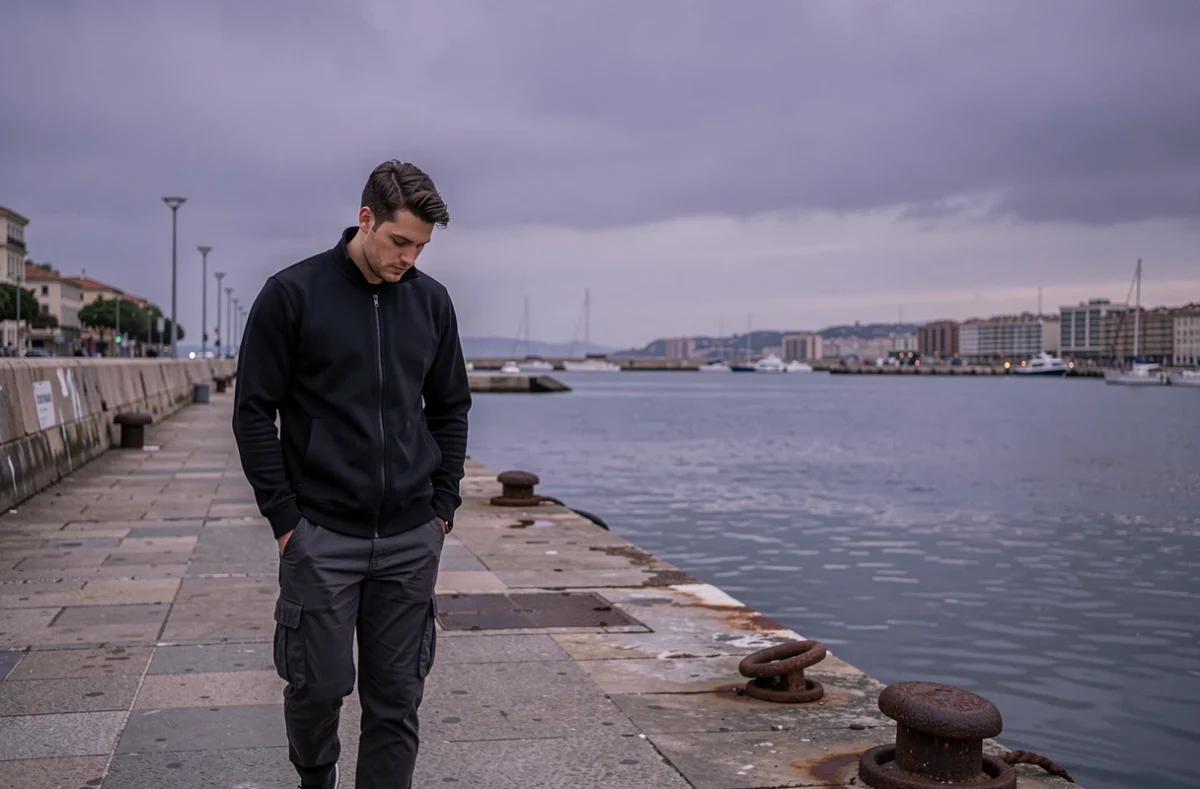 Rappeur marchant seul sur le port de Marseille au crépuscule, silhouette mélancolique face à la mer, ambiance introspective