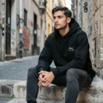 Jeune rappeur marseillais assis sur des marches en béton, regard pensif, dans une ruelle urbaine aux murs couverts de graffitis