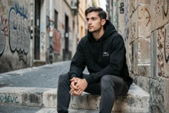 Jeune rappeur marseillais assis sur des marches en béton, regard pensif, dans une ruelle urbaine aux murs couverts de graffitis