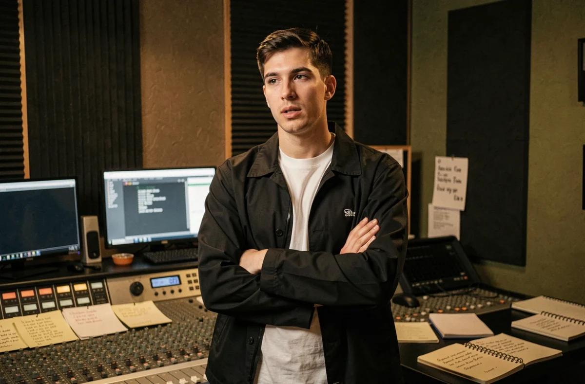 Rappeur en studio d'enregistrement marseillais, bras croisés devant une console de mixage, entouré de notes de paroles manuscrites