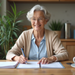 Femme senior souriante étudie ses documents de retraite
