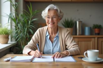 Femme senior souriante étudie ses documents de retraite
