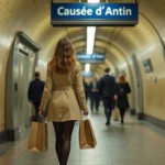 Femme élégante portant des sacs de shopping dans le couloir de la station de métro Chaussée d'Antin sur la ligne 9 à Paris