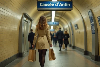 Femme élégante portant des sacs de shopping dans le couloir de la station de métro Chaussée d'Antin sur la ligne 9 à Paris