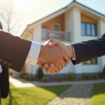 Deux personnes se serrant la main devant une maison moderne pour une transaction immobiliere